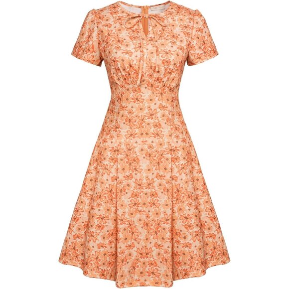 Womens Floral Dress 1940s Retro A Line Stretchy Midi Dress for School Dance - Picture 1 of 5